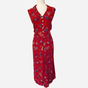 Vintage 1990s Beach, Palm Tree Print Sleeveless Midi Dress